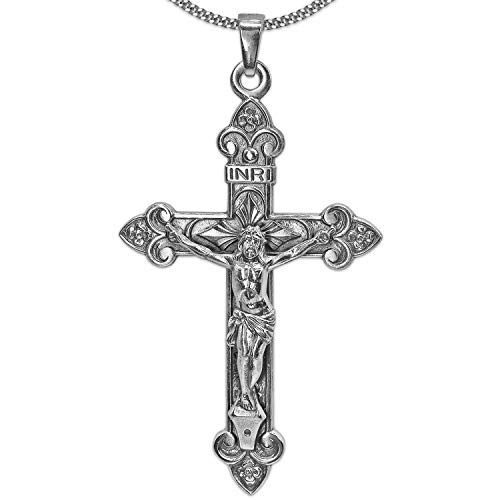 CLEVER SCHMUCK Set Silberner Anhänger großes INRI Kreuz 42 x 22 mm mit Jesus barockstil glänzend & Kette Panzer 50 cm lang STERLING SILBER 925