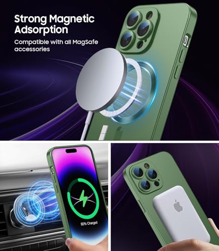 Image of DIZORO Magnetic Case for iPhone 14 Pro Max Cover [Compatible with MagSafe][Built-in Camera Lens Protector] Slim Soft Silicone Bumper Shockproof Metallic Luster Back Cover Phone Cases (Pine Green)