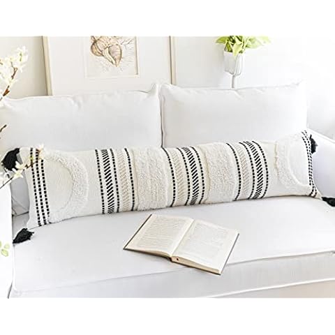 BLISSBLUSH Black Off White Long Lumbar Pillow Cover 12X46, Bed Lumbar Pillow Case, Decorative Body Lumbar Pillowcase, Textured Bohemian Lumbar Pillow Cover, Cover ONLY Cover
