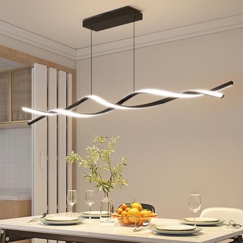 Mikeru 150CM Luce a Pendente Onda, Luce a Onda Isola Nera Moderna 3000K/4500K/6500K 3 Colori 10%-100% Dimmerabile Lampadario Lineare Regolabile con Lunghezza del Cavo Regolabile per Soggiorno