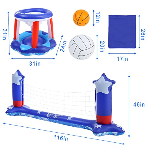 Thinkmax Large Pool Volleyball Set Pool Volleyball Net & Pool Basketball Hoops With 2 Beach Balls, Pool Games For Family And Adults, American Flag Pool Floating Court(116''X46'') & Hoop(31''X24'') #TOP4