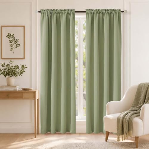 Image of Sage Green Blackout Curtains for Bedroom 72 Inch Length 2 Panels Set, Solid Thermal Insulated Energy Saving Window Curtains for Living Room, Dual Rod Pocket Window Drapes, 2x40Wx72L Inches