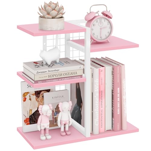 ELITEROO Desktop Bookshelf, Tiered Desk Organizer Shelf, Wooden Tabletop Bookshelf Small Desk Book Shelf, Dresser Top Organization Storage Rack and Desk Decorations for Women Office, Pink