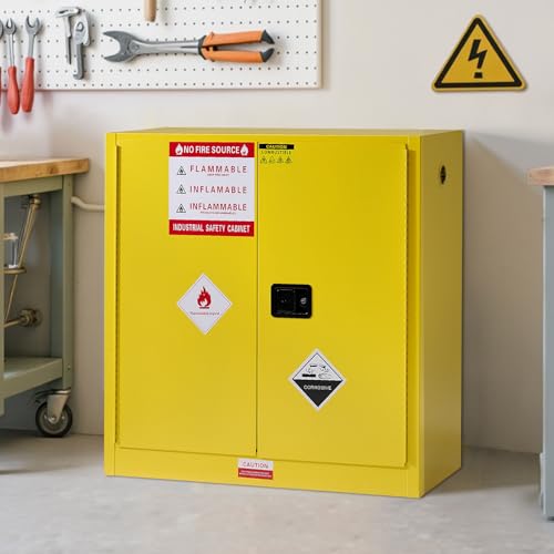 SPECRAFT 45 Gal Flammable Cabinet, 44x43x18 Inch, Cold-Rolled Steel, Adjustable Shelves, OSHA & CE Certified for Industrial, Commercial, Laboratory, and Institutional Use, Yellow