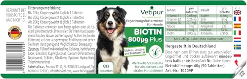 Fairvital | Vetipur Biotin Tabletten für Hunde - 90 Tabletten - Biotin Komplex 800µg - mit Kupfer, Zink und andere B-Vitamine - Futterergänzung für Hunde