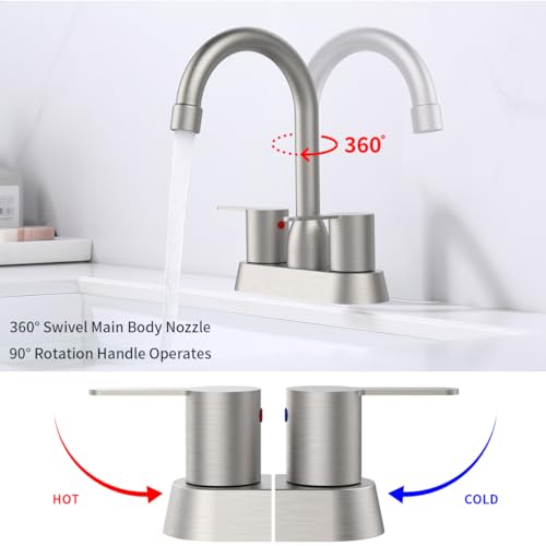Supwork Bathroom Faucet Brushed Nickel 2-Handle Bathroom Sink Faucet 360 Degree High Arc Swivel Spout Centerset 4 Inch Vanity Faucet Rv Bathroom Faucet 3 Holes Lavatory Faucet thumb #2