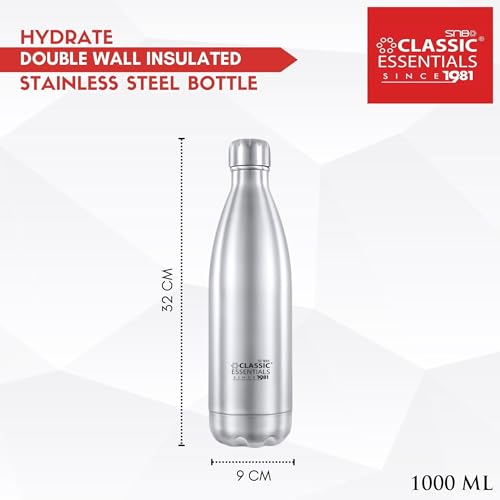 Image of Classic Essentials Insulated Double Wall Vacuum Stainless Steel Water Bottle Keep Hot and Cold,100% Leakproof Lid,Sweat Proof Water Bottles, Great for Travel Picnic & Camping (1000ml) Cola, Silver