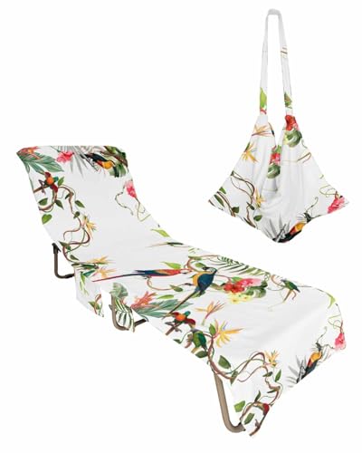 Summer Botanical Beach Lounge Chair Towel Cover, Soft Chaise Lounge Towel with Side Pockets Patio Pool Chairs Cover for Beach/Pool Sunbathing 29x85 Spring Birds Elegant Floral