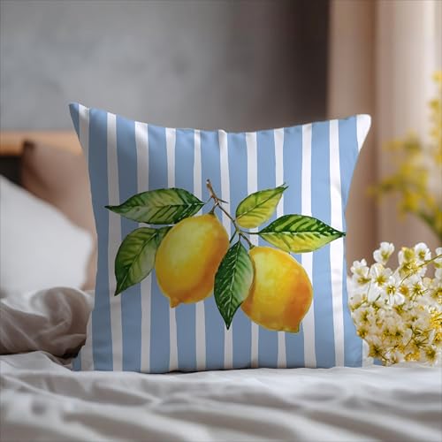 Image of Blue and Yellow Summer Italian Mediterranean Amalfi Coast Lemon Pillow Cover Decor 18x18,Italian Striped Decorative Throw Pillow Cover Decor for Couch Double-Sided