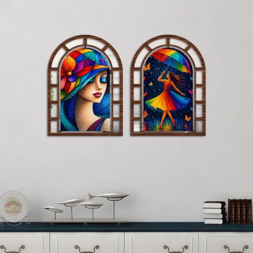 Image of Artvibes Modern Colorful Woman Theme Jharokha Mirror | Wall Hanging Decor for Living Room, Bedroom, Hall, Dining Room, Office & Entryway | Gift (WH 12007N), Set of 2