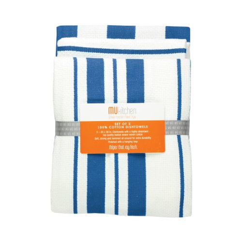 MUkitchen Cotton Stripe Dishtowel, Cobalt - Set of 3