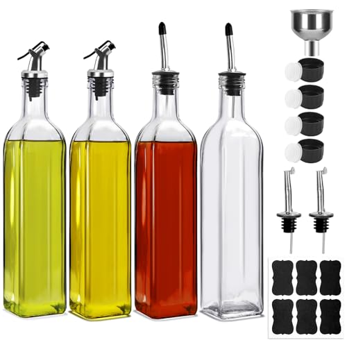 BAKHUK 4 Pack 17oz Olive Oil Dispenser Bottles, 500ml Clear Glass Vinegar Cruet with Pourers and Funnel for Kitchen