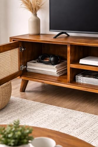 Image of Premium Solid Wood, 10 Minutes Assembly (Legs Only), Aesthetic Rattan Doors, Mid Century Entertainment Center for Living Room, TV Stand for 65 inch TV, Dark Chocolate (Honey L-014)