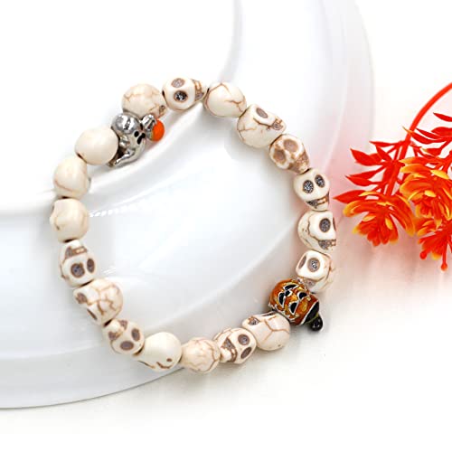 Image of Uloveido Halloween Bracelets for Men Women Black White Skull Stone Bracelet Charm Ghost Pumpkin Lamp Bat Design Bracelets