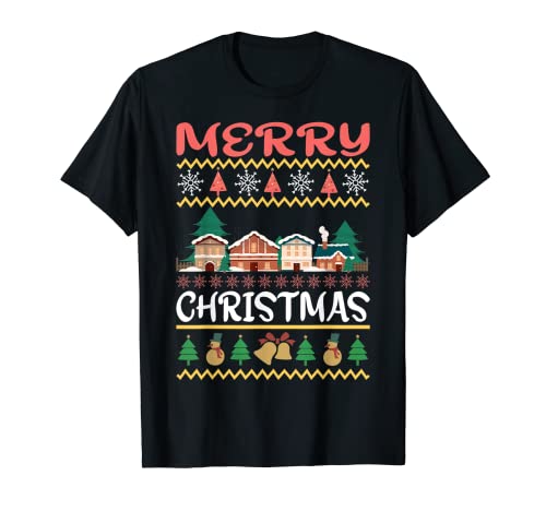 Divertidas casas cubiertas de nieve Feliz Navidad Camiseta