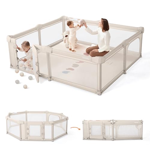 Image of Sweeby Foldable Baby Playpen, 79x71 Inch Baby Gate Playpens for Babies and Toddlers Extra Large Play Yard with Door Child Fence and Indoor Play Pen, Beige