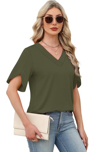 Image of WIHOLL Womens Summer Tops Short Petal Sleeve Shirts Fashion V Neck Womens Clothing
