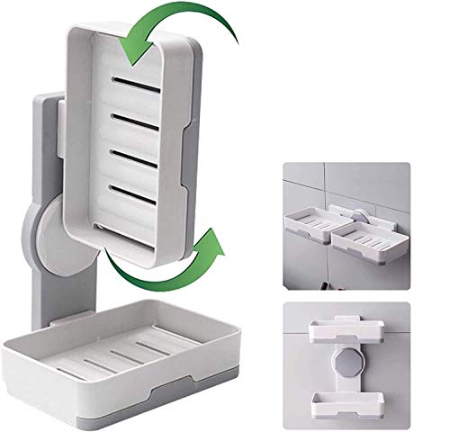 Image of BUNVOX Plastic Wall Mounted Double Layers Soap Dish Saver with Drain Tray, Adhesive Sponge Holder No-Drilling Soap Holder for Shower Bathroom Kitchen - Multicolour (White and Grey)