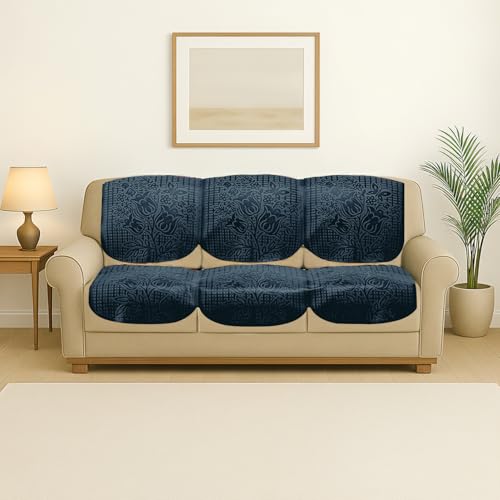 Image of Cloth Fusion Italian Velvet Floral Embossed 5 Seater (3+1+1) Sofa Cover Set for Living Room (174+58+58 cm, Blue)