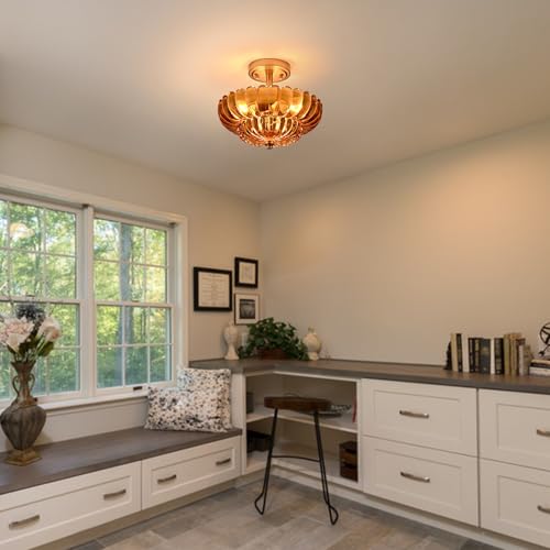 Image of Modern Amber Glass Scalloped 3-Light Flush Mount Ceiling Light Gold Base