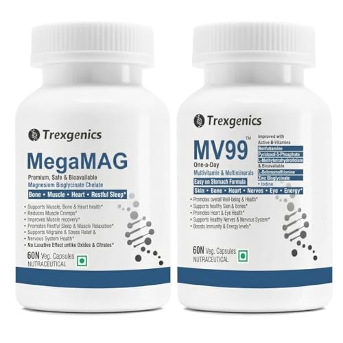 Image of Trexgenics MV99 Daily Easy on Stomach Multivitamin and MEGAMAG Magnesium Bisglycinate Premium Quality (60, 60 Veg Capsules)