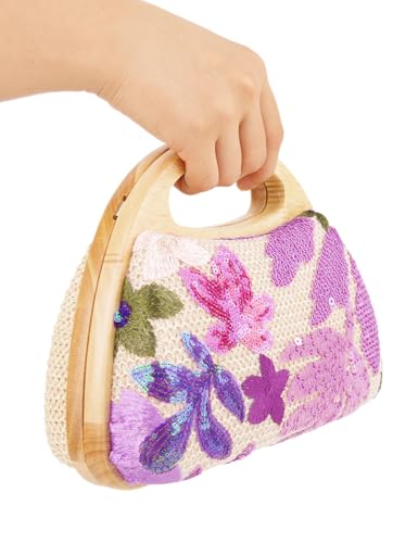 Image of Women Straw Sequin Embroidered Flower Evening Handbag Clutch Purse Wooden Handle for Beach Holiday Party, Purple(random Pattern)