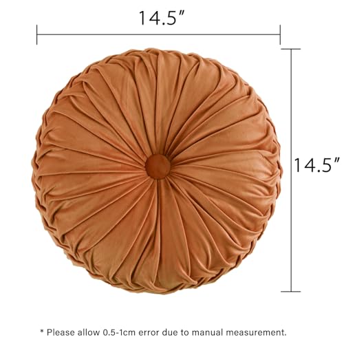 Image of HIG Set of 2 Decorative Round Pleated Throw Pillows, Classy Accent Pumpkin Throw Pillows with Center Button, Vintage Velvet Floor Pillows for Sofa Vanity Chair Bed, Rust, 14.5 inch Diameter(Ripple)