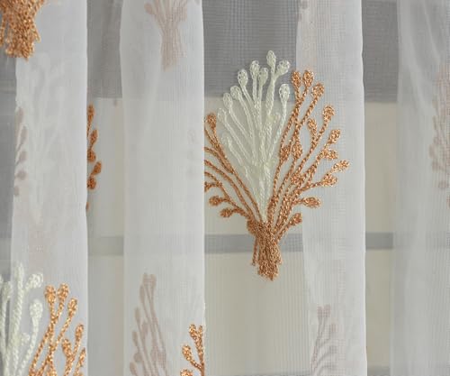 Image of littlelotus Floral Embroidery Tissue Net Sheer Transparent Curtains for Door 9 feet Long Set of 2, White