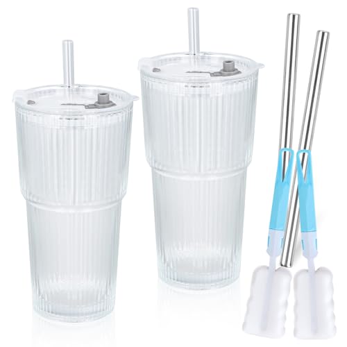 QINGZY 2 Piezas Vaso Cristal con Tapa y Pajita, 600 ML Vasos de Vidrio Acanalado, Bubble Tea Taza, Tazas de Café para Batidos Jugo Cóctel Refrescos Zumos Batidos, 4 Pajitas + 2 Cepillos de Limpieza