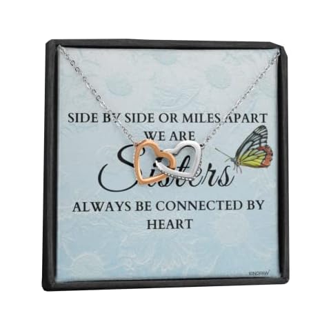 KINDPAW Necklace For Sister, Side By Side or Miles Apart We Are Sisters Always Be Connected By Heart from Big or Little Sister (Interlocking Heart) Cover
