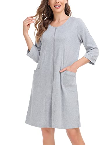 SWOMOG Women Zip Up Robe 3/4 Sleeve Housecoat Soft Cotton Zipper Front Nightgown Loungewear with Pockets2