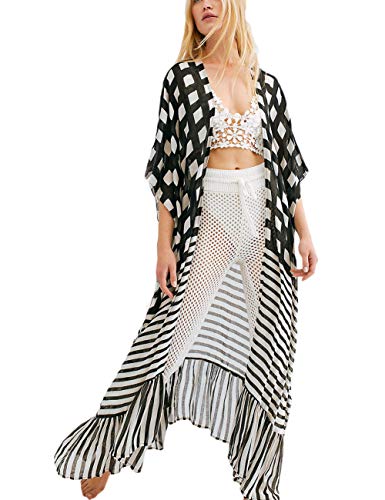 Bsubseach Women Long Kimono Swimsuit Cover Ups Chiffon Maxi Cardigan Open Front Bathing Suit Lightweight Duster Beachwear