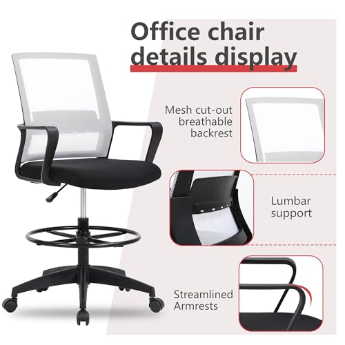Image of BestOffice Drafting Chair Tall Office Chair Adjustable Swivel Rolling Mesh Height with Lumbar Support Arms Footrest Mid Back for Adults Standing Desk Drafting Stool (Beige)