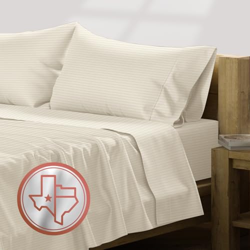 TEXAS LINEN CO. Luxury Egyptian Cotton Queen Stripe Sheet Set, 600 Thread Count Extra Long Staple 4 PC Set, Queen Beige Damask Sheets, Soft, Cooling...