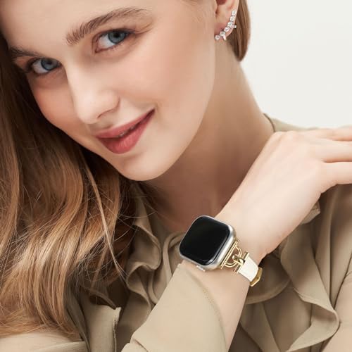 Image of Leather Band Compatible with Apple Watch Bands for Women, Dressy Fancy Strap for iWatch Series 11 /10 /9 /8 /7 /6 /5 /4 /3 /2 /1 /se(38mm 40mm 41mm 42mm,Starlight /Gold)