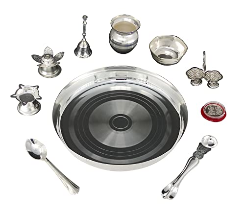 Pooja thali Set Silver Plated with 8 Inch Plate Diya Kalash Bowl Ghanti Dhup Dan Palli Spoon Kumkum Stand Coin Puja Thali for Diwali Home Mandir Office Wedding Return Gift Items