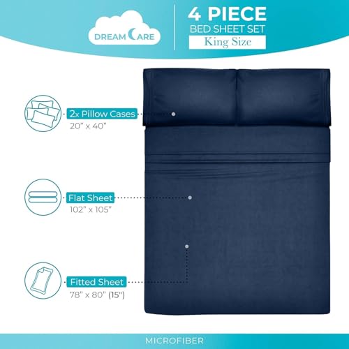 Image of DREAMCARE King Size Sheets Set - 4 pcs Breathable Cooling Sheets - up to 15 inch Deep Pocket King Sheet Set with Side Pockets - Extra Soft 100% Brushed Hypoallergenic Hotel Luxury Bedding Navy Blue