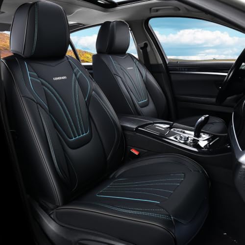 Image of Coverado Car Seat Covers Front Seats, 2 Piece Car Seat Protector with Lumbar Support & Removable Headrest, Breathable Leather Seat Cushion Universal Fit for Truck Automotive Vehicles Black & Blue