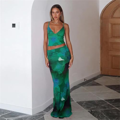 Image of ksotutm Maxi Skirt Set Floral Print Halter Top Maxi Skirt Sexy Going Out Outfits for Women