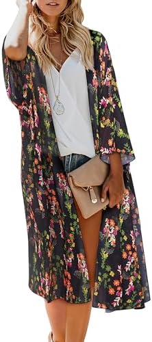 MayBuy Women's Summer Long Flowy Kimono Cardigans Boho Chiffon Beach Cover Up Tops