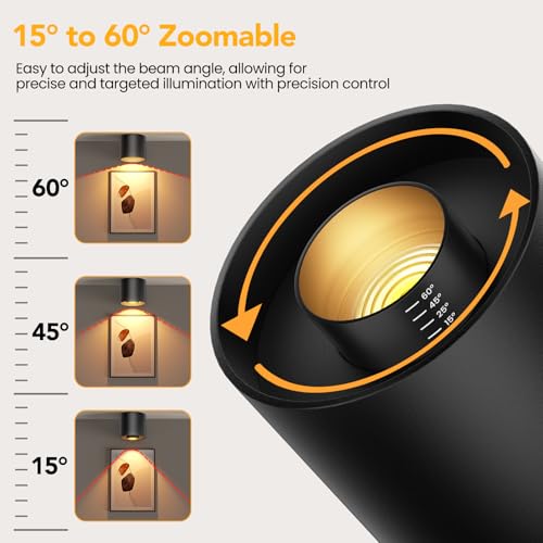 Image of 3-Color&Watt Zoomable Ceiling Spotlight Fixtures, Flush Mount Ceiling Light Fixture Dimmable LED Spot Lights Indoor, 4.72 inch Cylinder Light for Hallway Kitchen Entryway Foyer, 30W Black