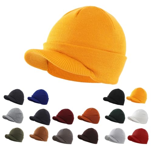Magracy Unisex Men's Warm Visor Beanie Outdoor Double Knit Hat with Peak Winter Hat Yellow