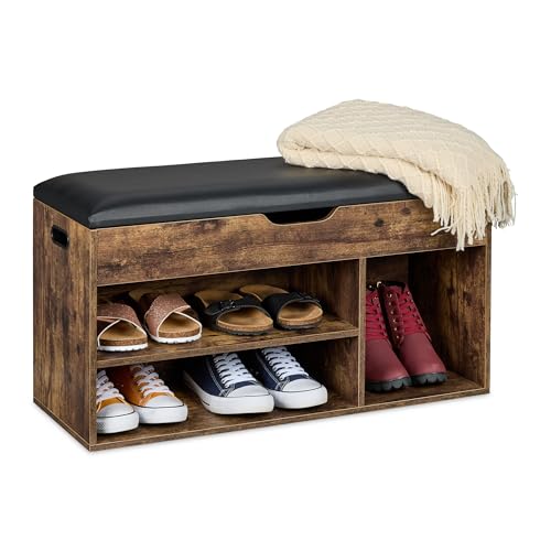 Relaxdays Banco Zapatero con Almacenaje, 3 Compartimentos para Zapatos, Baúl y Asiento, 46 x 80 x 30 cm, Marrón/Negro