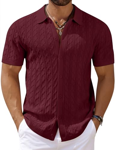 COOFANDY Mens Knit Textured Shirts Button Down Shirt Vintage Polo