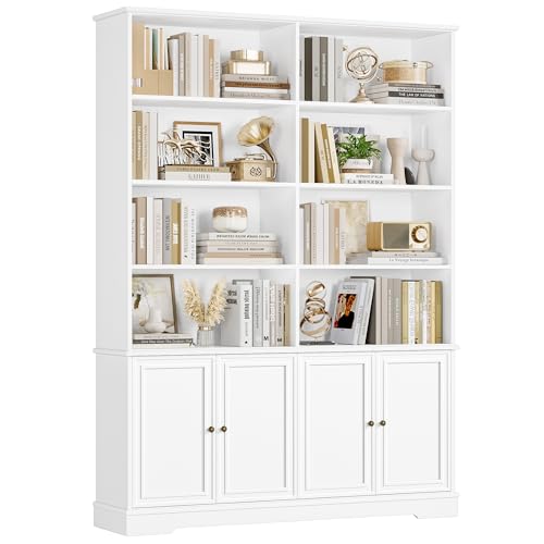FirFurd 185cm Bücherregal mit Türen Bücherschrank mit 12 Fächern Vitrinenschrank aus Holz Hochschrank Regal mit Türen für Wohnzimmer Arbeitszimmer Büro Küche 185 x 27 x 120cm Weiß