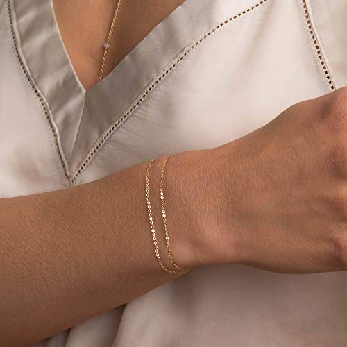 Image of Womens Dainty Gold Chain Bracelet,Simple Layered Chain Bracelets,Beaded Turquoise Bracelet,Charm Crystal Bar,Heart,Karma,Triangle,Pearl Bracelets for Women
