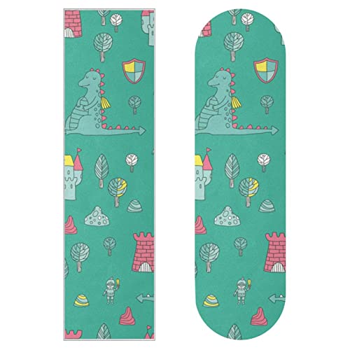 Niedliches Cartoon-Dinosaurier-Schloss-Muster, 2 Stück, Skateboard-Grip-Klebeband, Schleifpapier, Longboard-Aufkleber, Scooter, Deck, Sandpapier