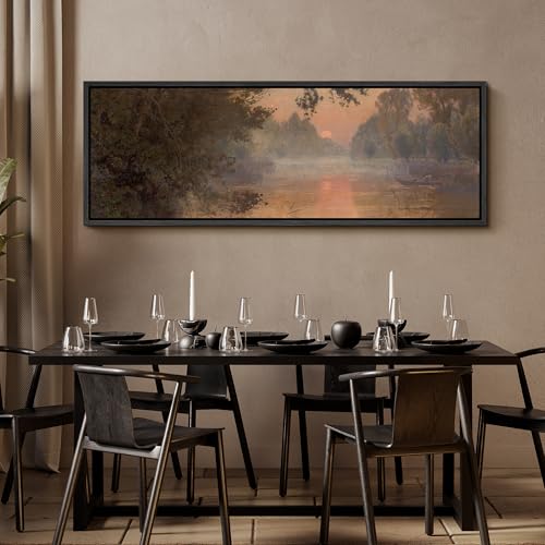 Image of MUDECOR Large Framed Canvas Print Wall Art Serene River Sunset Reflection Soft Nature Landscape Antique Retro Ready to Hang Painting for Living Room Bedroom Multi-Sizes - 60 inchx20 inch