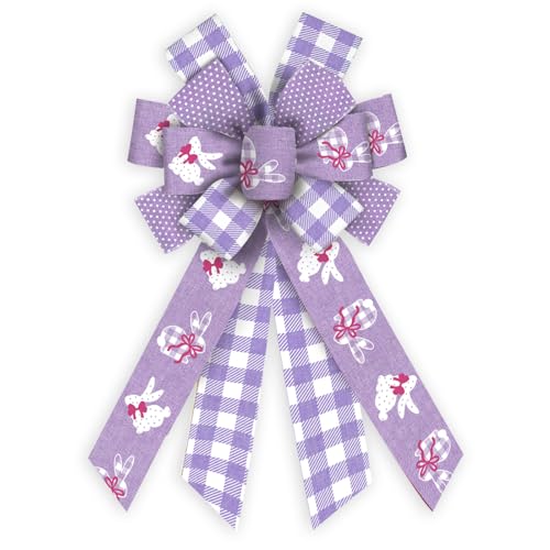 Threetols Easter Wreath Bows, Purple White Buffalo Plaid Bows for Wreath Easter Bunny Decorative Bows for Front Spring Easter Dot Ornaments Hanging Wreath Bow for Indoor Outdoor Decor