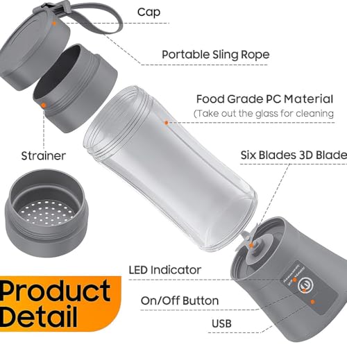 Image of Blender Mixer Grinder For Milk Shakes ; blender machine; Portable USB Juicer for home ; Mini Smoothies & Juices; Office, & Kitchen (Royal Gray) - 6 Blade, Rechargable